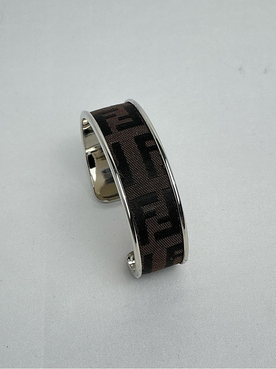 FENDI Brown Monogram Cloth Canvas Silver Cuff Bangle Bracelet - Picture 3 of 8